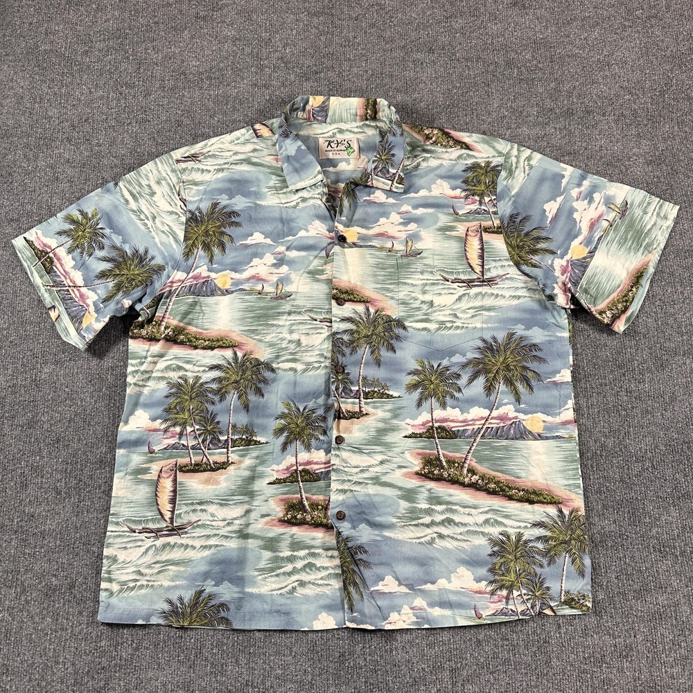 Ky's Hawaiian Shirt Mens Large Blue Palm Tree Beach Rayon Made Hawaii USA
